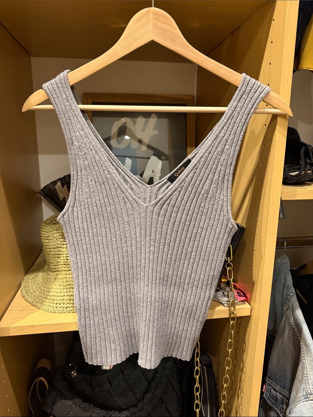 Quince Ribbed V-Neck Tank Top in Light Gray